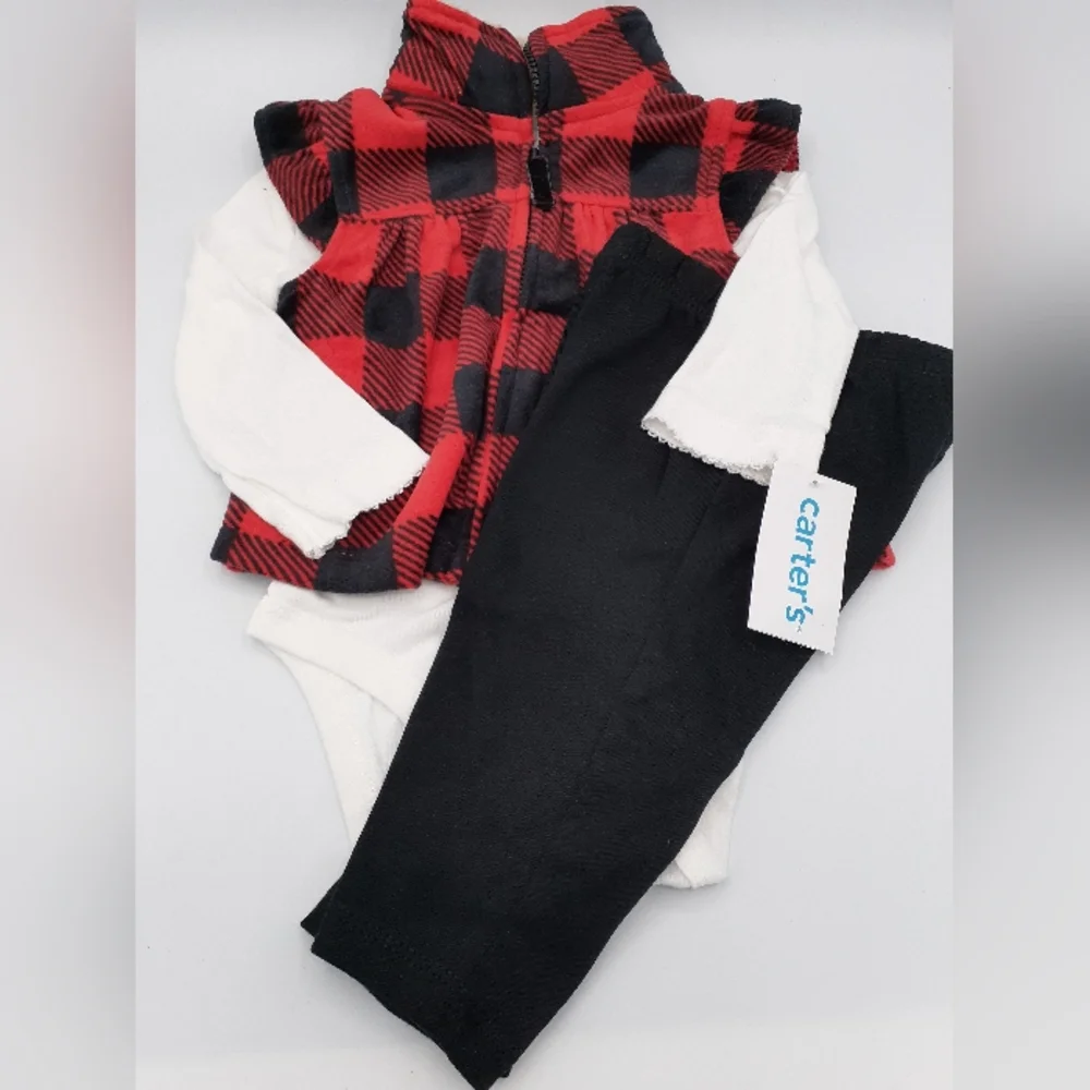 NWT CARTER'S BABY GIRL PLAID 3PC PANTS VEST BODYSUIT SET SIZE 6M + XMAS BIB